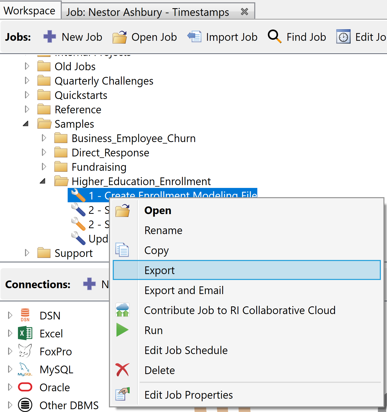 Right-click and export a job from the jobs list