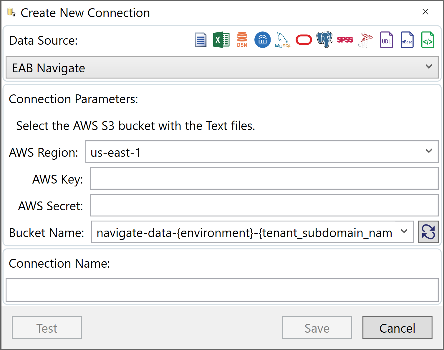 Create a new connection window showing an EAB Navigate data source