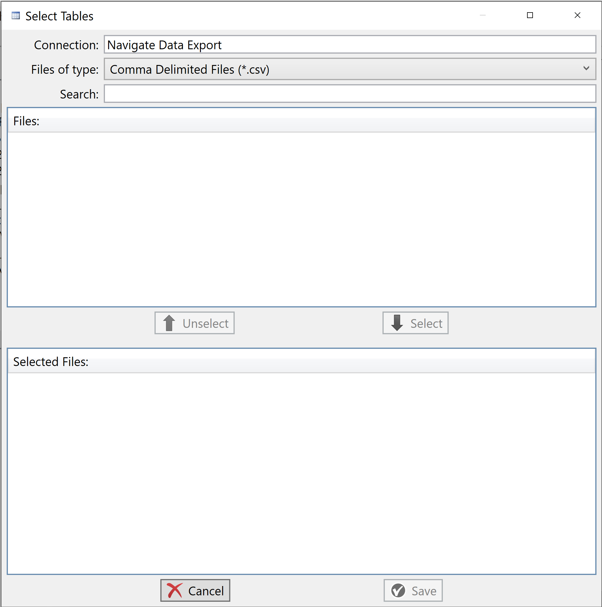 Blank select tables window of a Navigate connection
