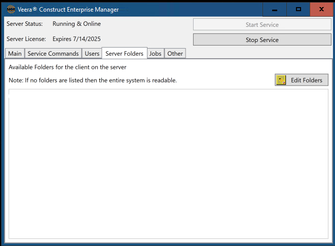 Server Folders tab of the enterprise manager