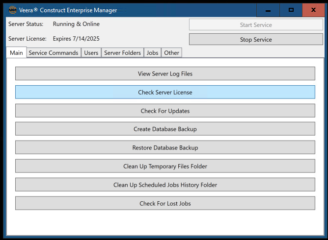 Check server license button on the main tab of the enterprise manager tool