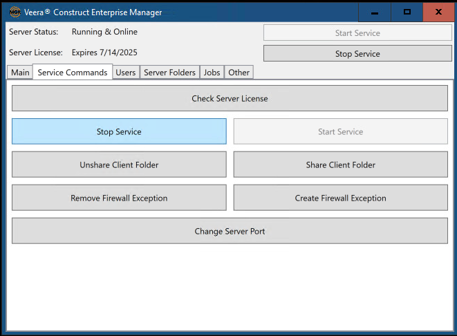 Stop service button on the service commands tab of the enterprise manager tool