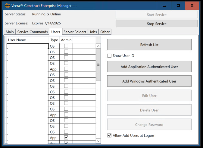 Users tab on the enterprise manager tool