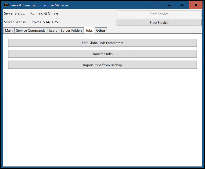 Jobs tab on the enterprise manager tool