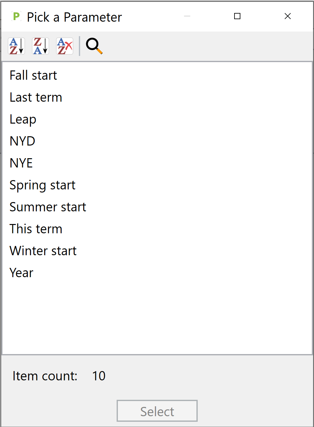 Menu of available parameters