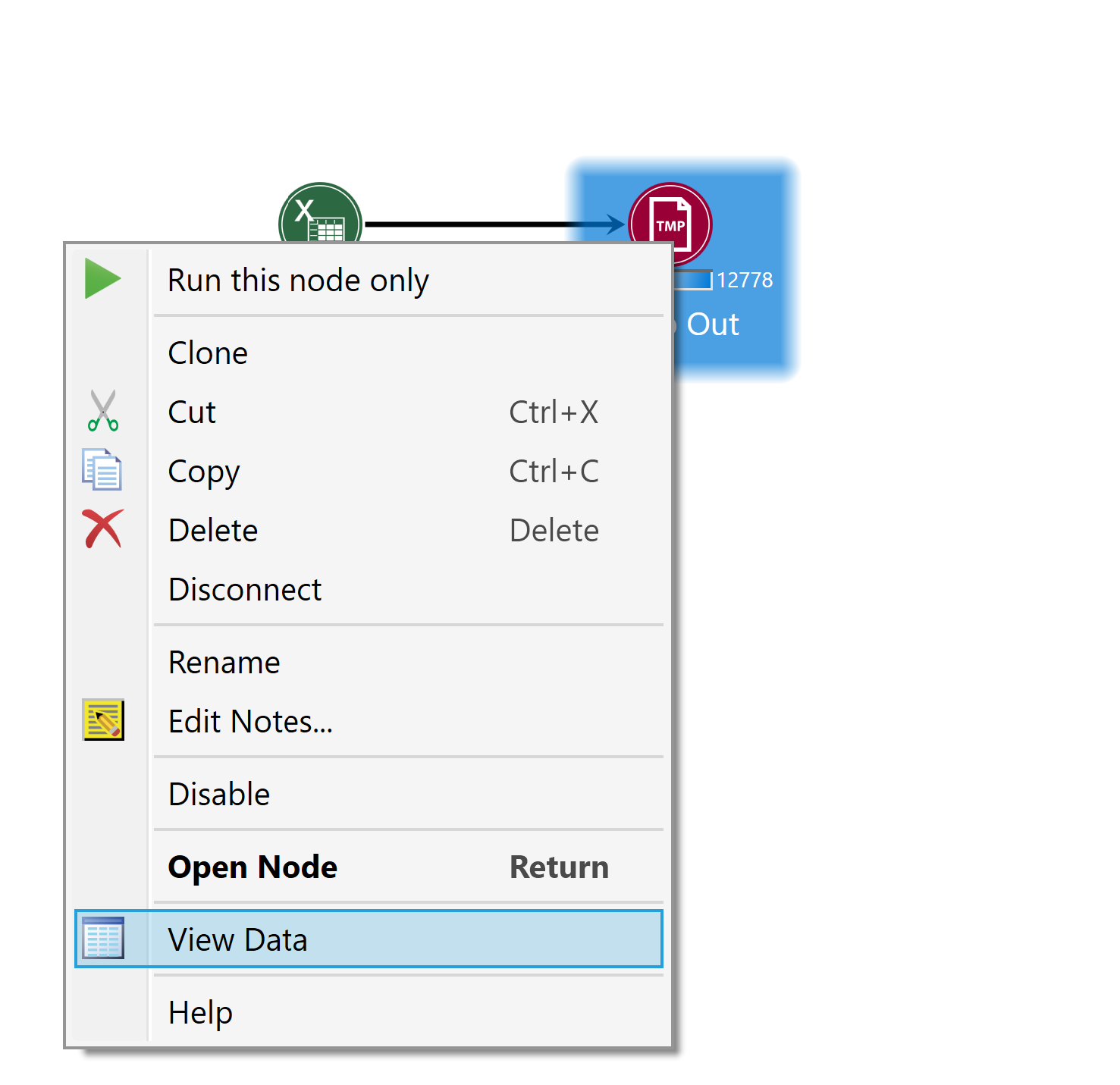 Right-click menu highlighting the View Data option