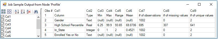 Example output from a profile node
