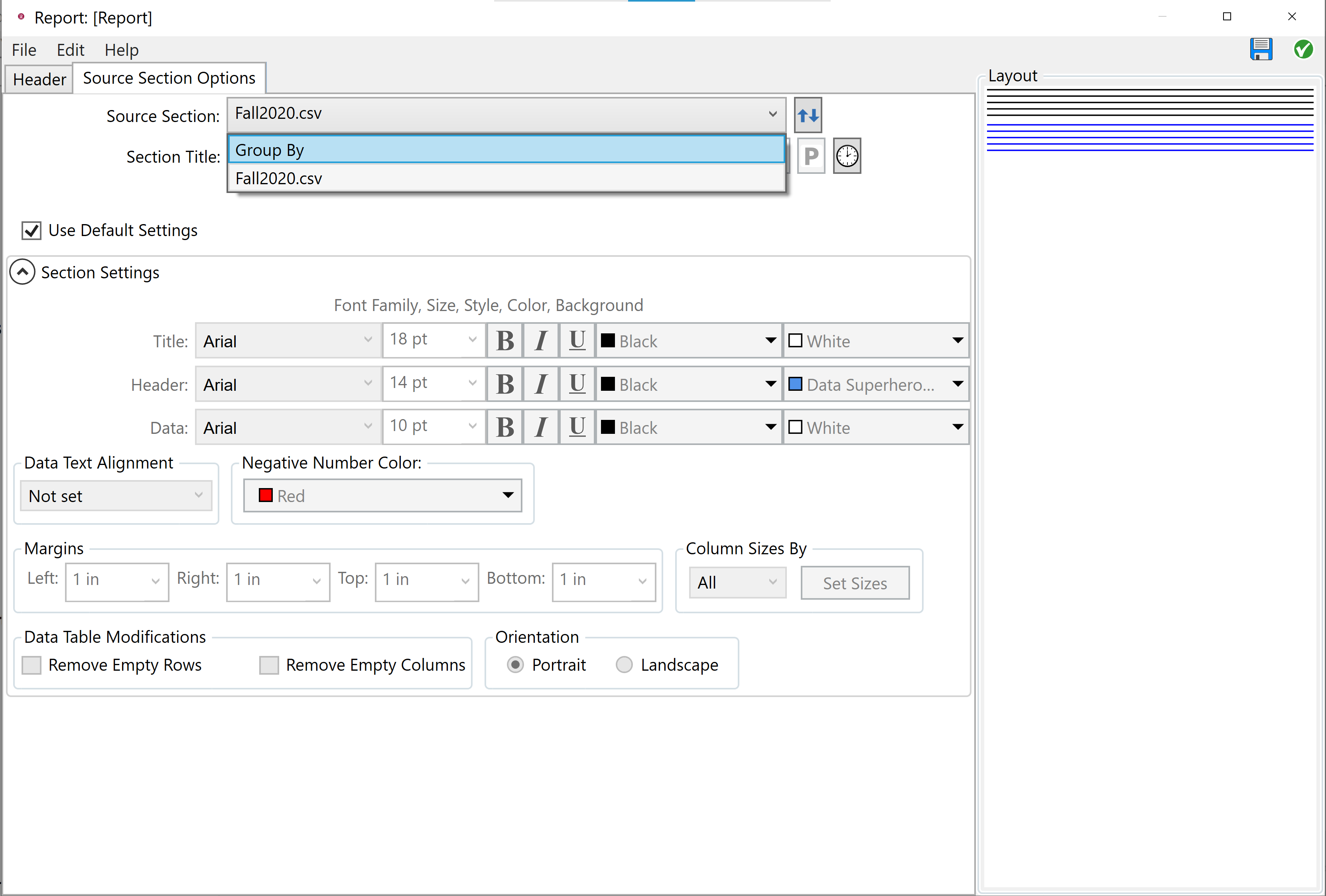 Report node Source Section Options tab