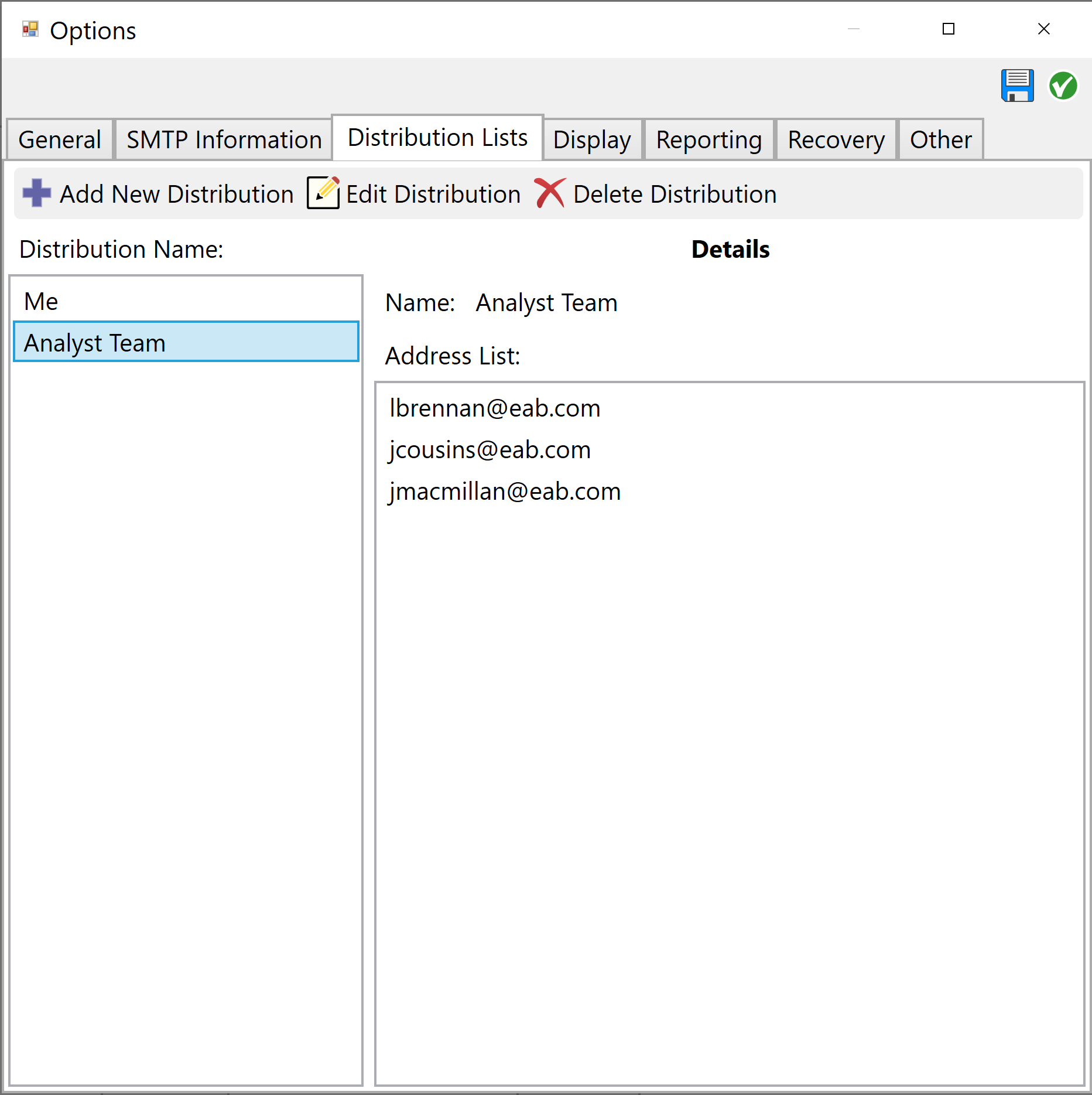Report node options Distribution Lists tab