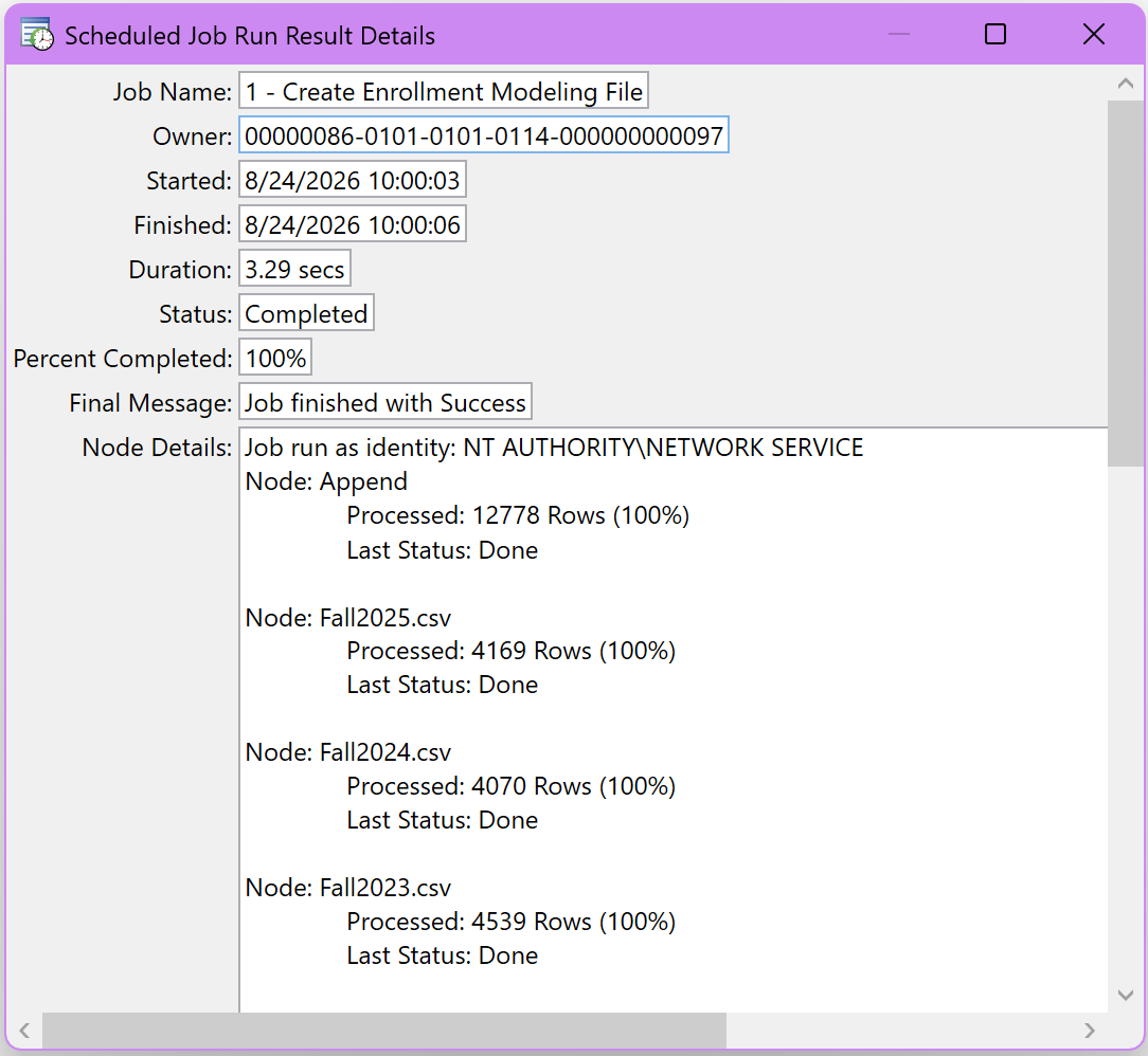 Schedule job run result detail window