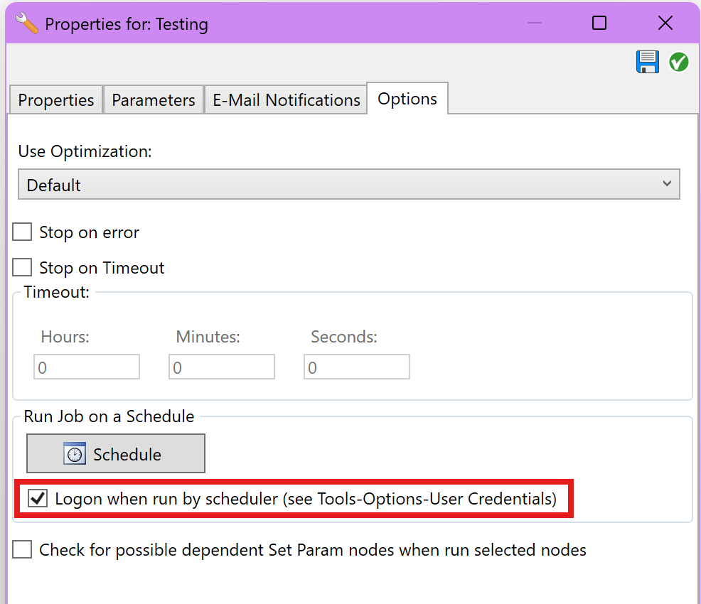 Scheduled job settings to logon when run job is run via scheduler