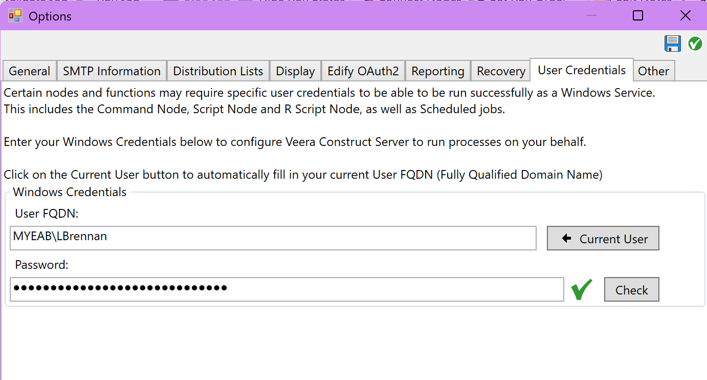 Tools > Options > User Credentials settings