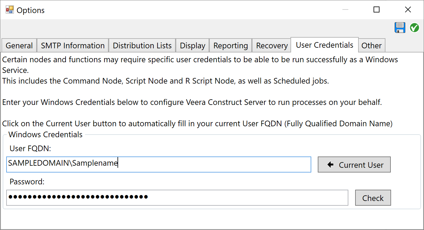 Tool > options > user credentials window
