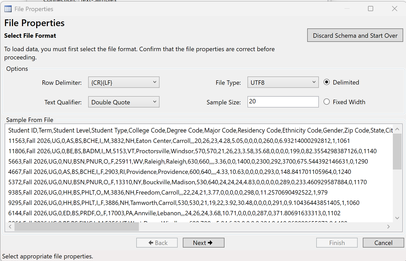 Defining text file properties before saving add tables
