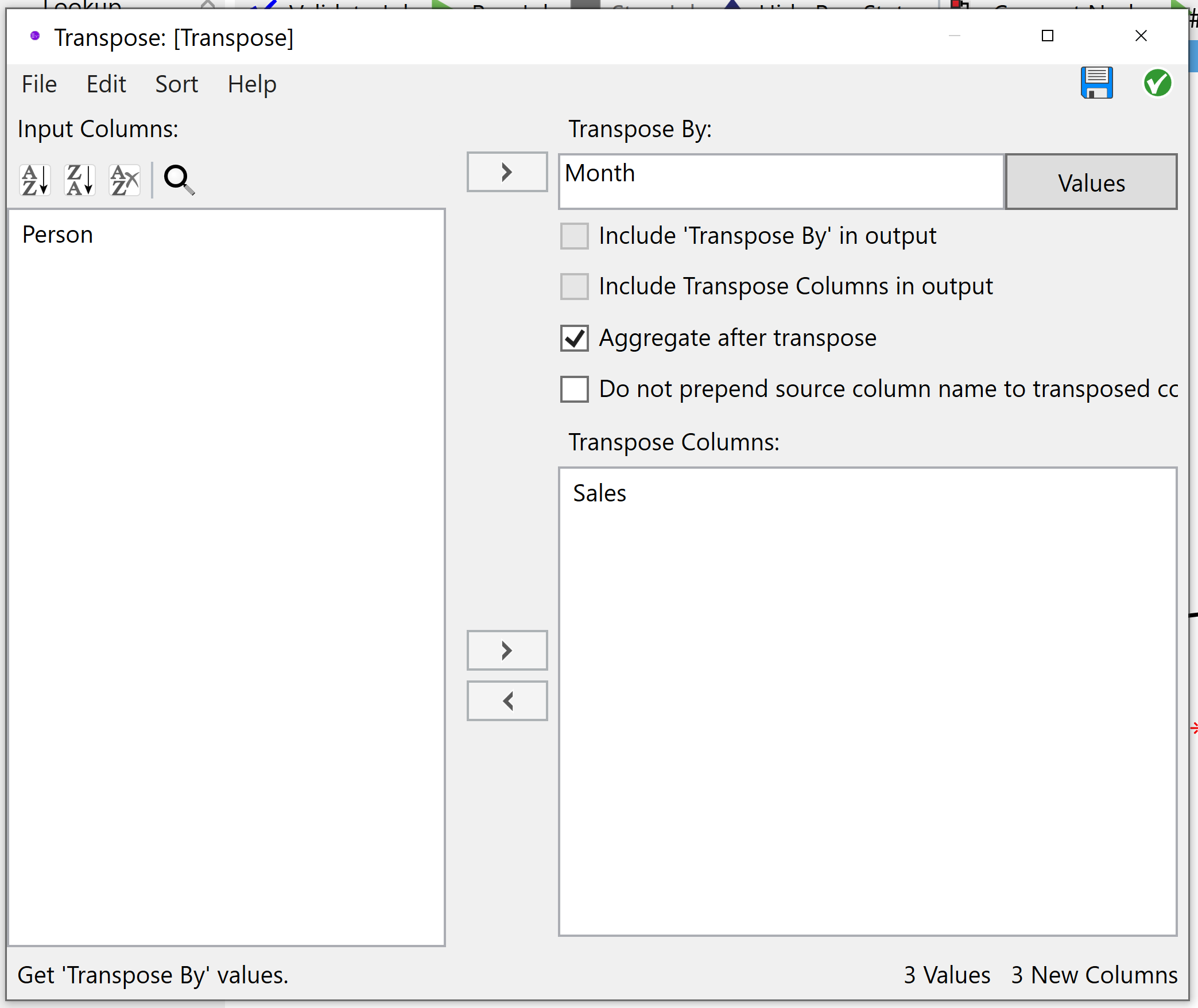 Configuring a transpose node