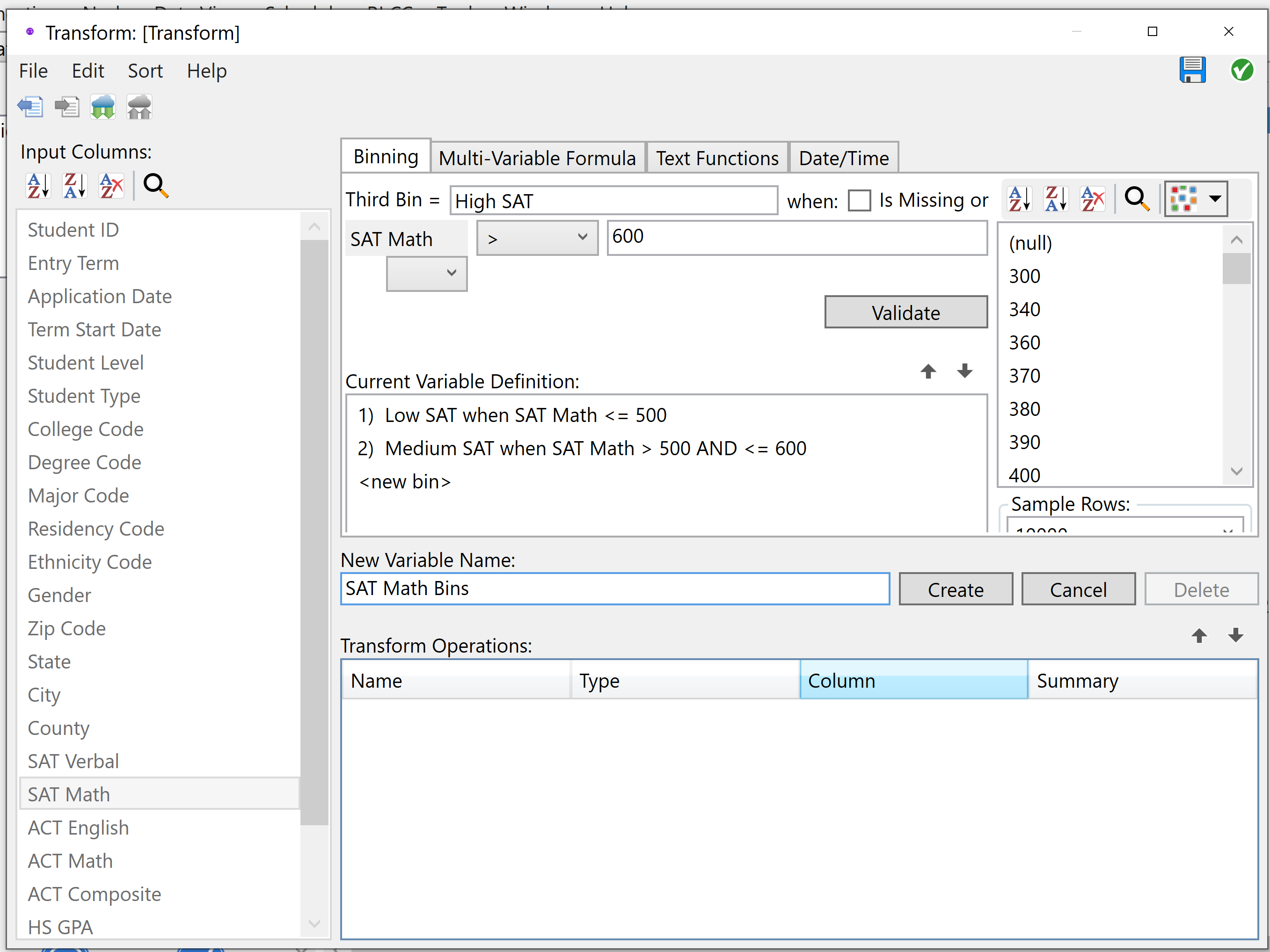 Creating Bins in the Transform node