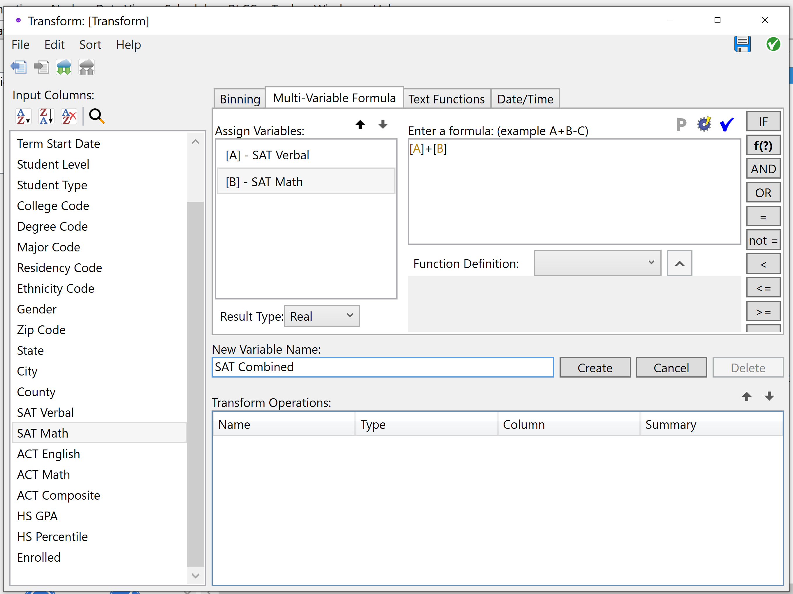Multi-Variable formulas in the Transform node