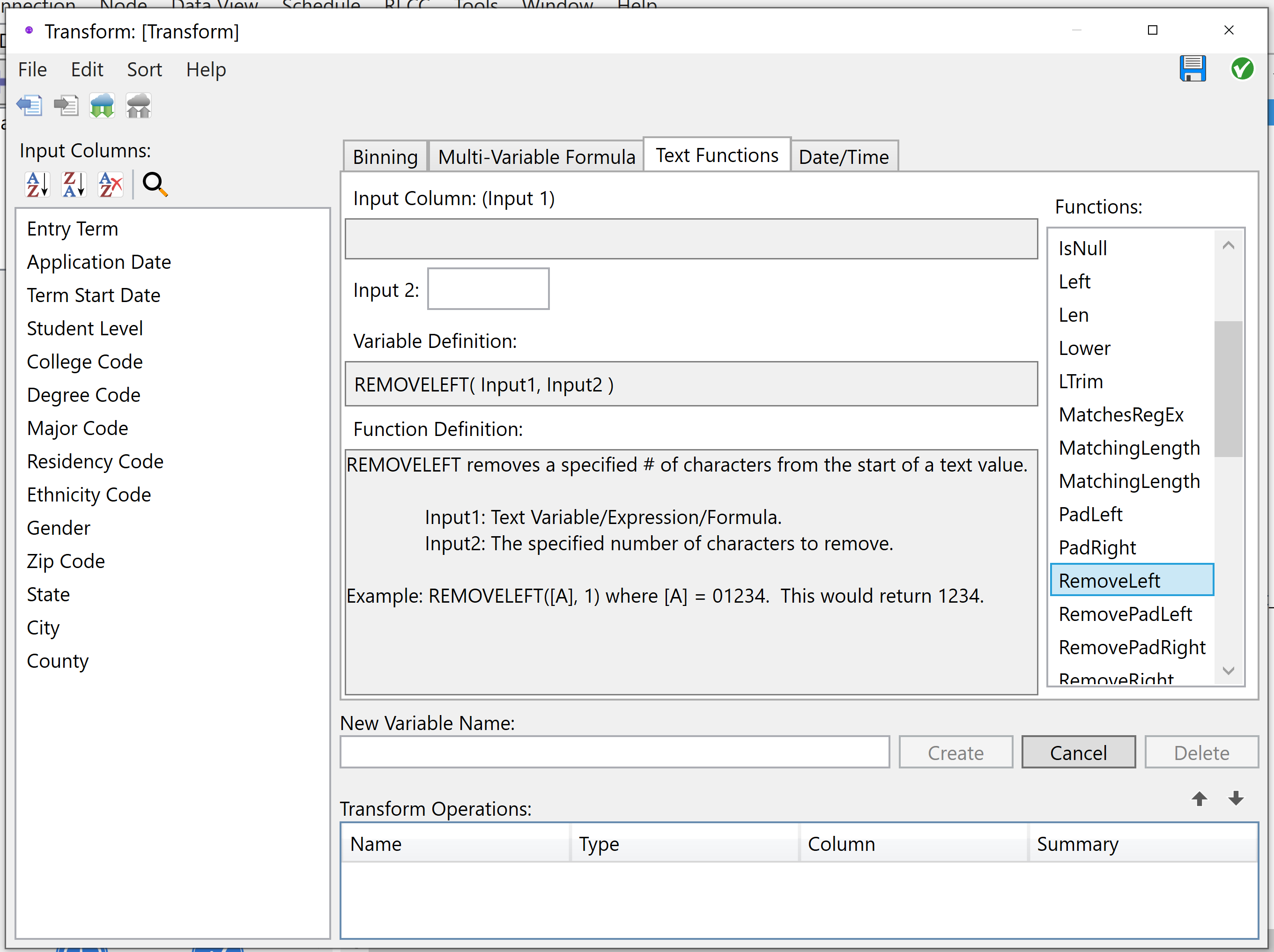 Text formulas in the Transform node