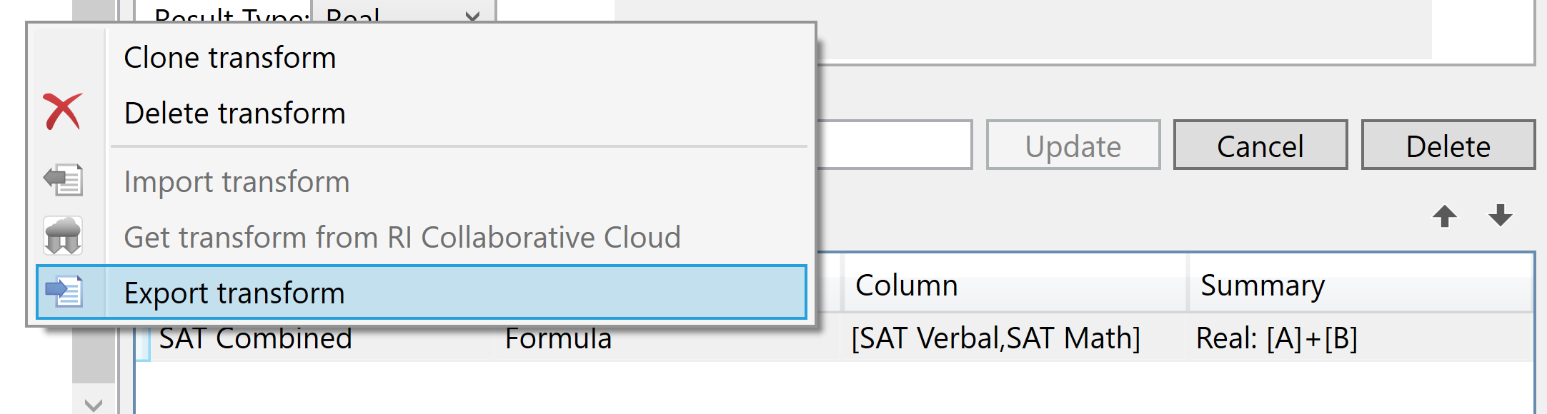 Exporting formulas in the Transform node