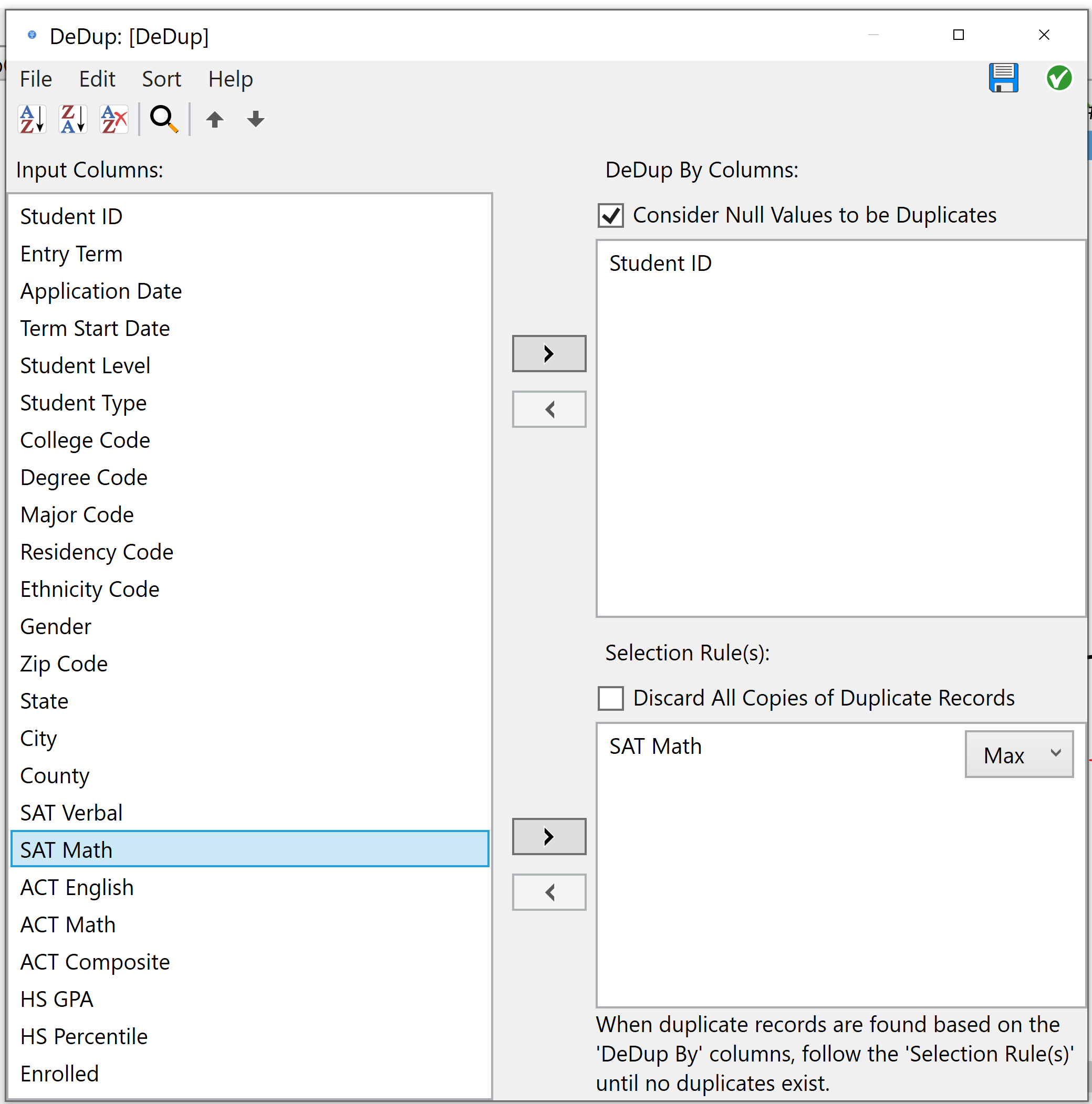 Configuring a deduplicate node
