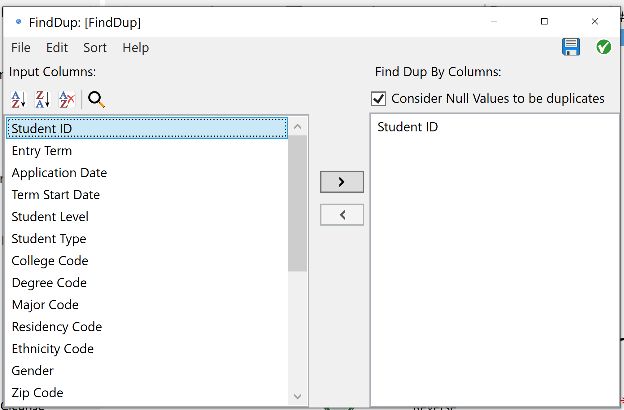 Configuring a FindDup node