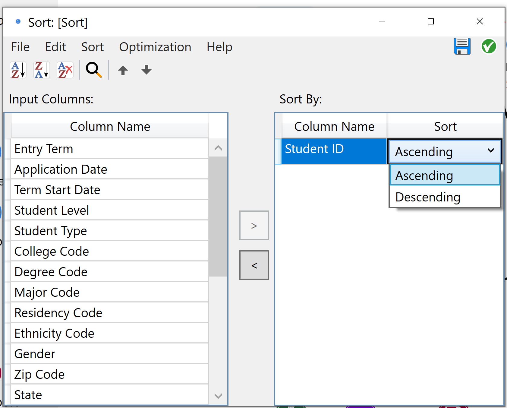Configuring a Sort node
