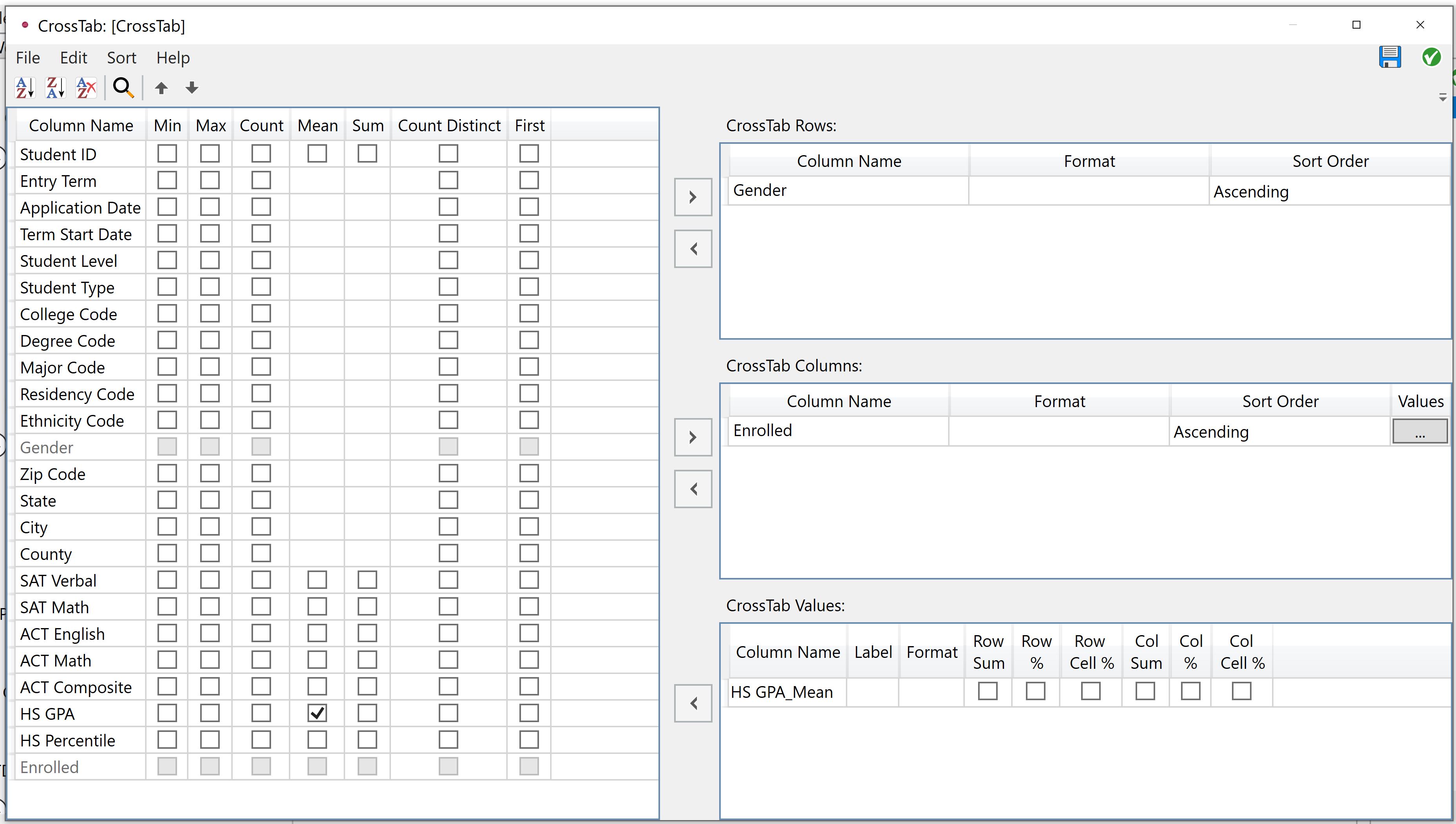 CrossTab node sample configuration