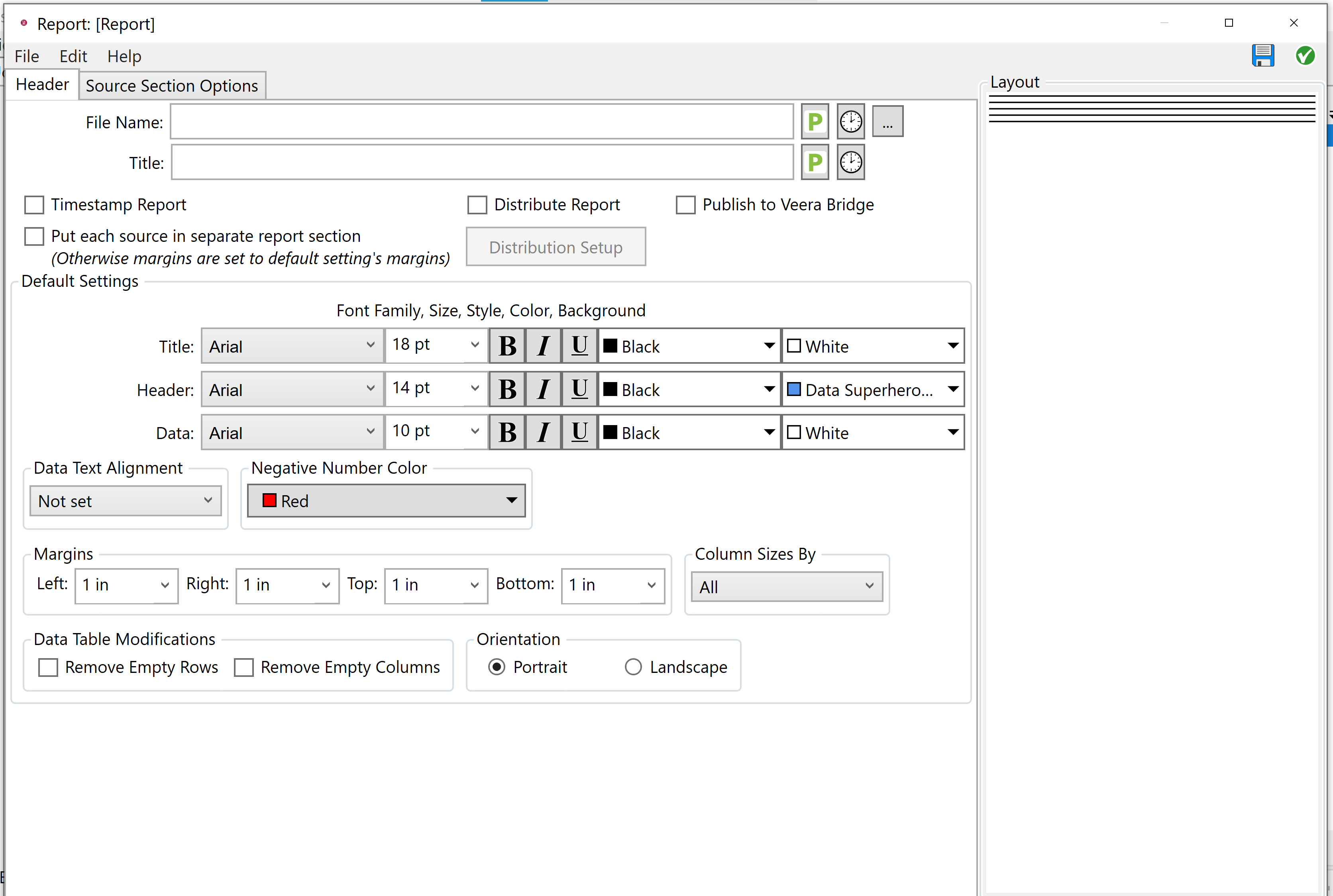 Configuring a Report node - Header tab