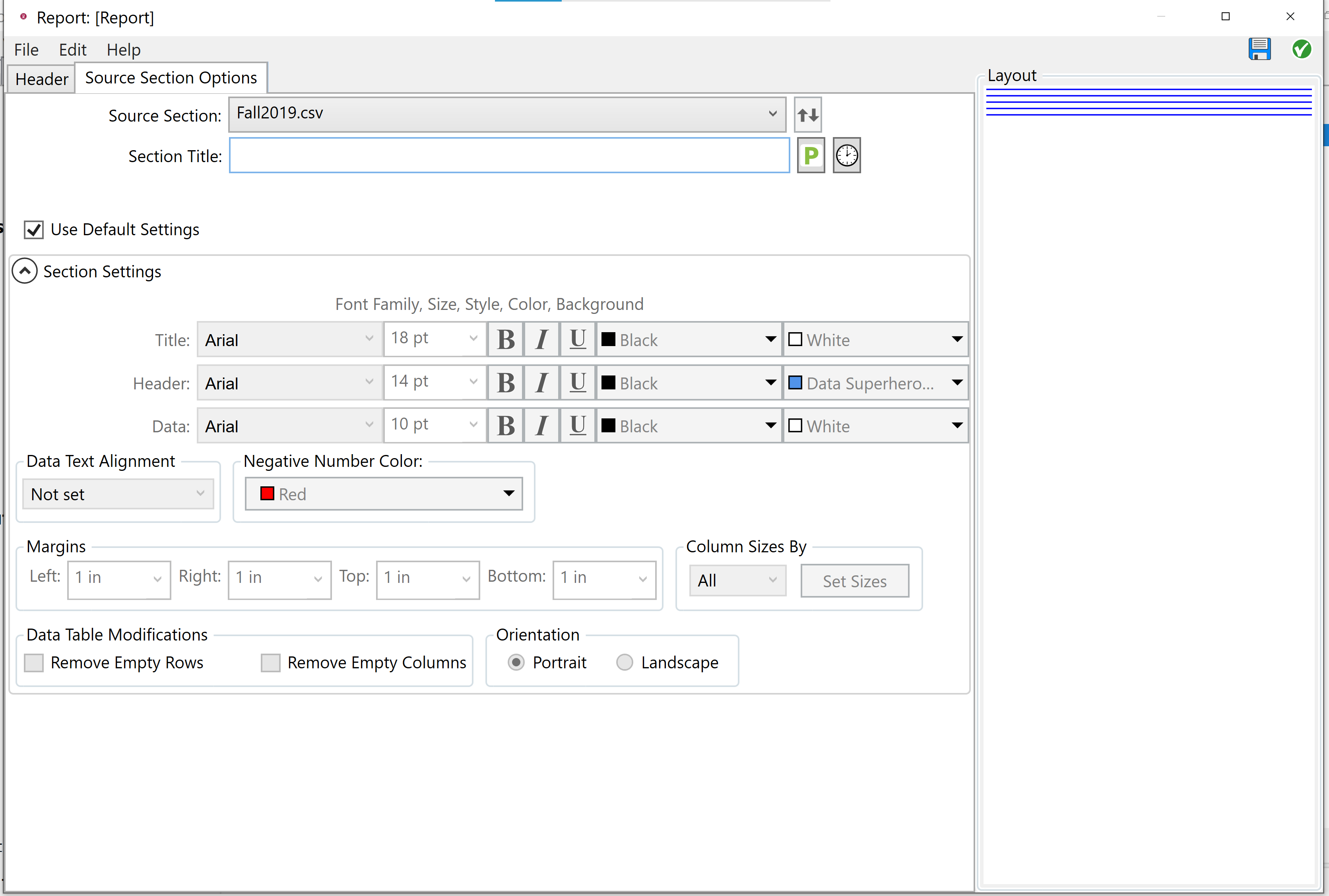 Configuring a Report node - Source Section Options tab