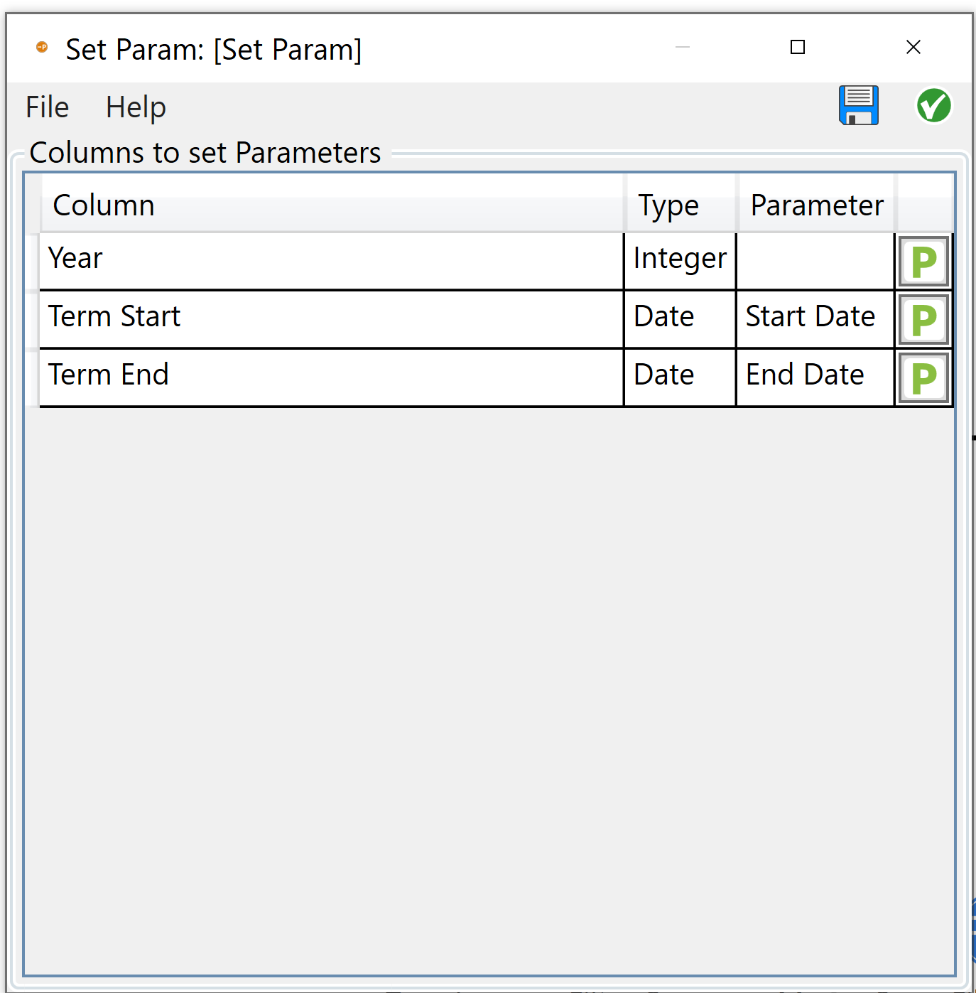 Assigning the parameters to each column in the Set Parameter node
