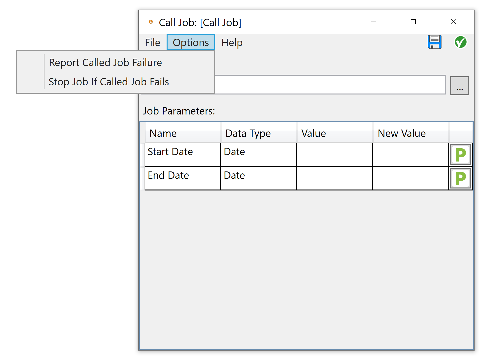 Call Job node Options menu