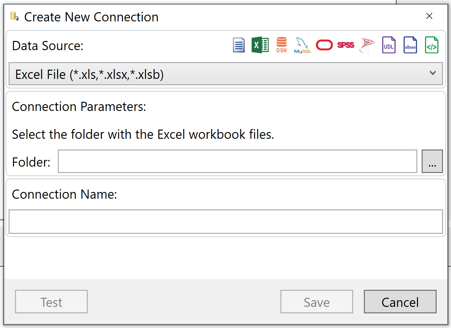Screenshot of Create New Connection window. Data Source field at top of window. Connection Parameters: Select the folder with the Excel workbook files. Full Folder: file name. Connection Name: Documents_Excel. Three buttons at the bottom: Test, Save, Cancel.
