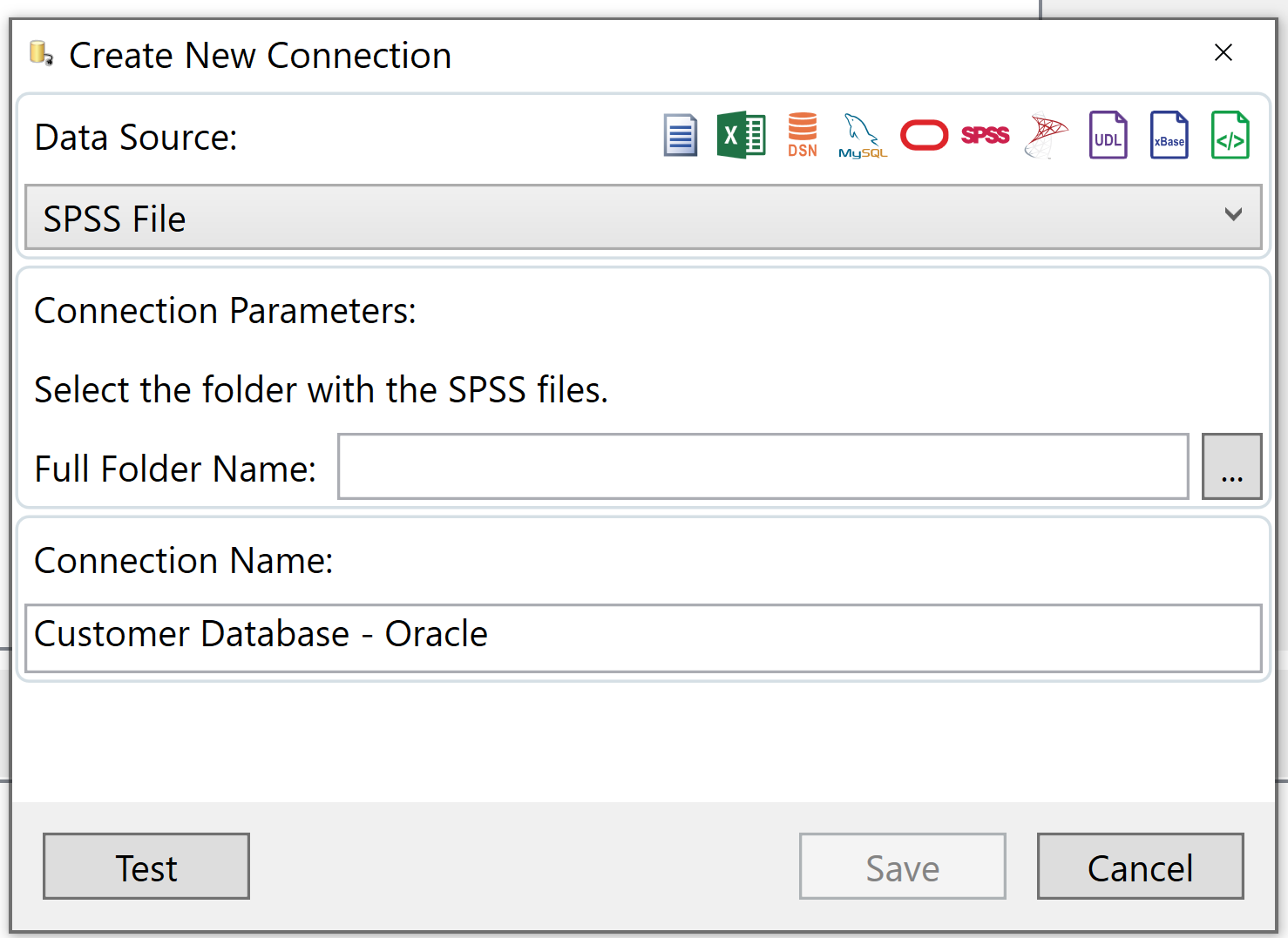 Screenshot of Create New Connection window. Data Source field at top of window. Connection Parameters: Select the folder with the Text files. Full Folder: file name. Connection Name: Documents_SPSS. Three buttons at the bottom: Test, Save, Cancel.