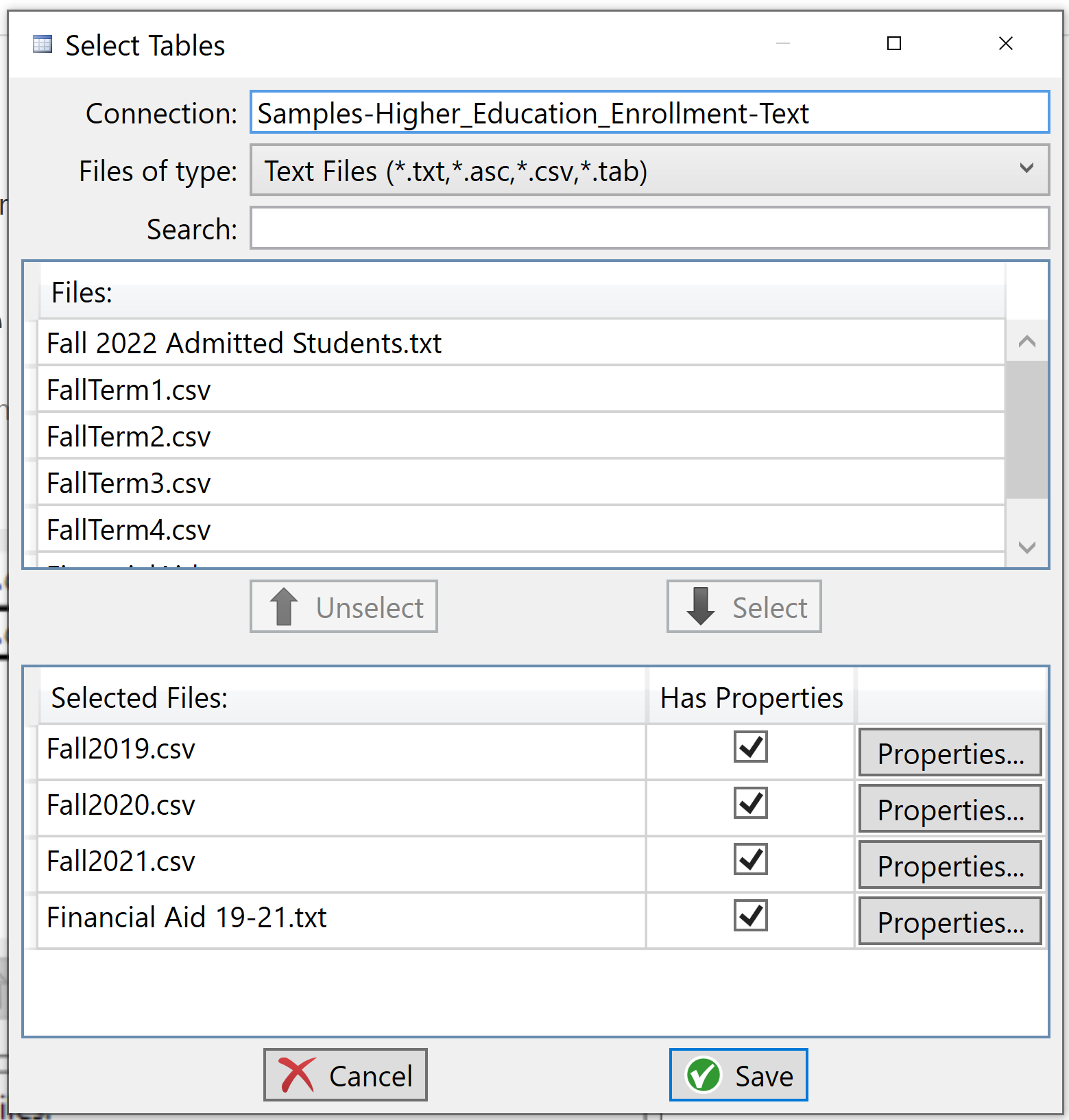 Screenshot of Select Tables window. In the window, three fields at the top: Connection: Construct Text Connection, Files of type, and Search. Files: Two file names listed. Two buttons: Unselect and Select. Selected files: three file names listed. Two buttons at the bottom: Cancel and Save.