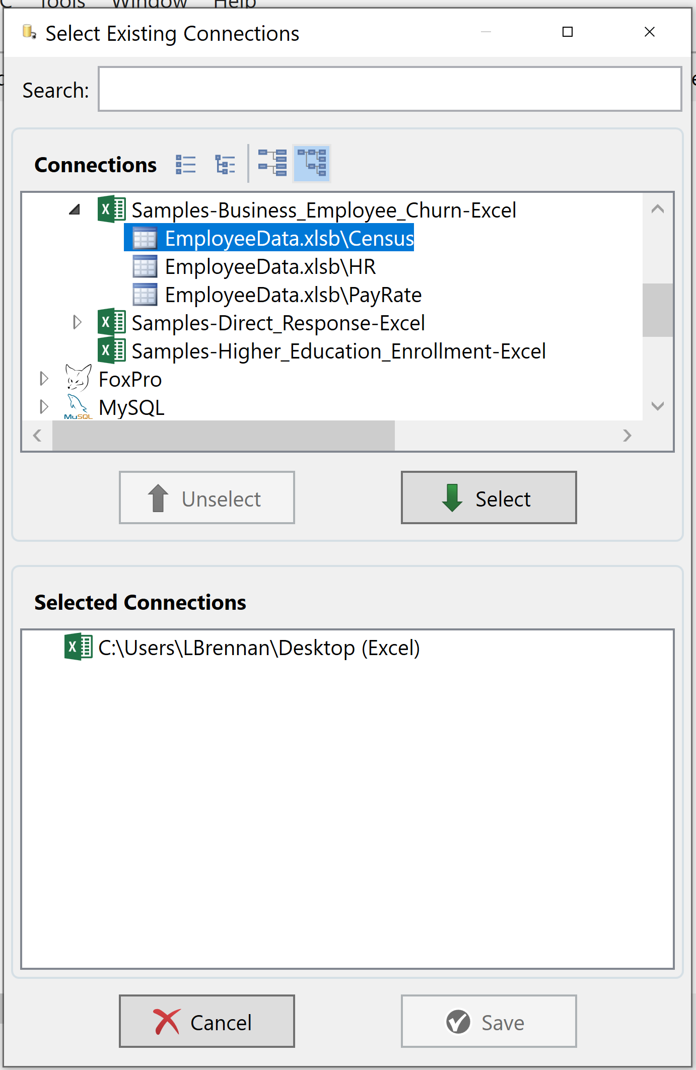Selecting existing connections