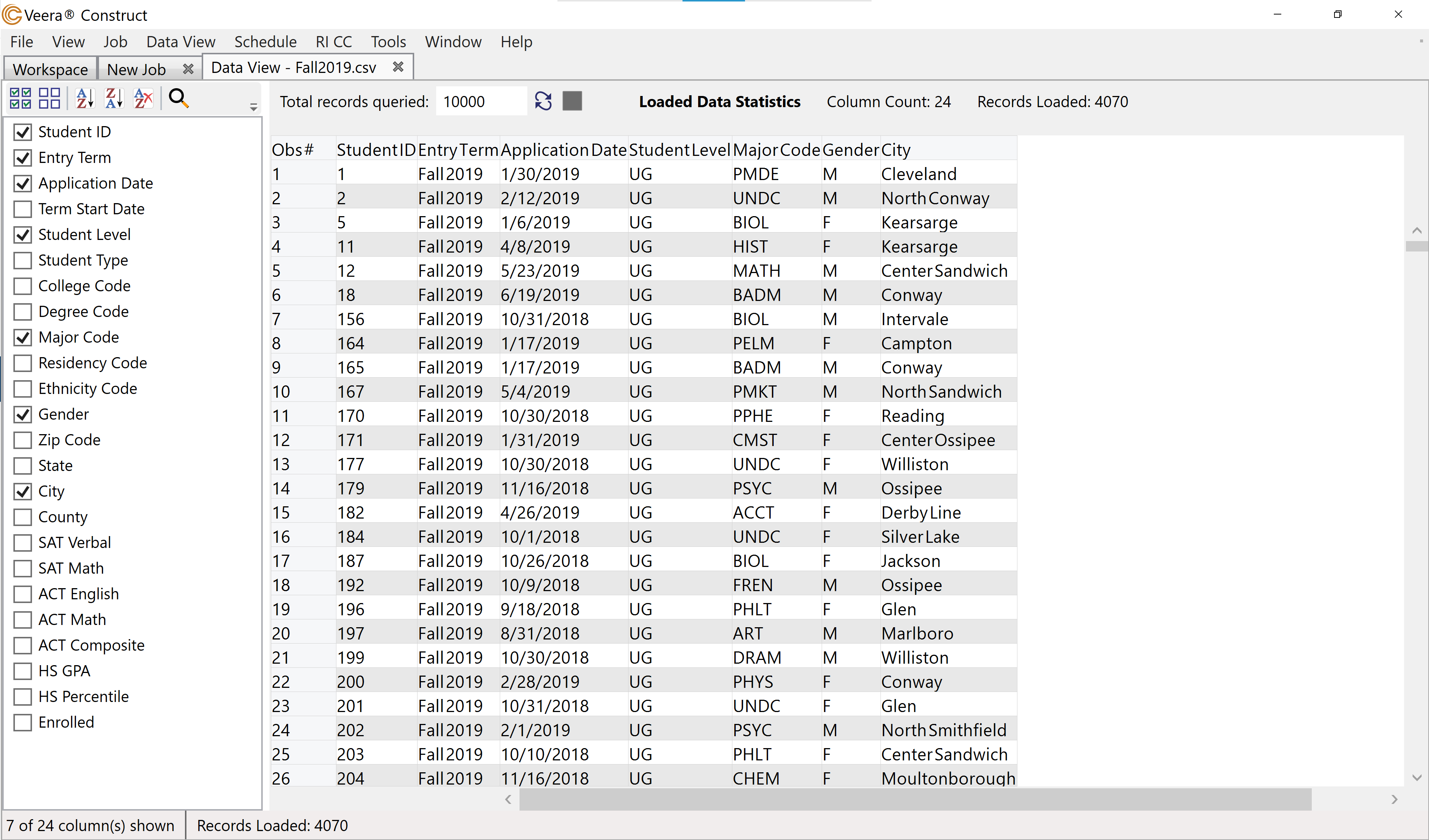 Entire view of the view data tab