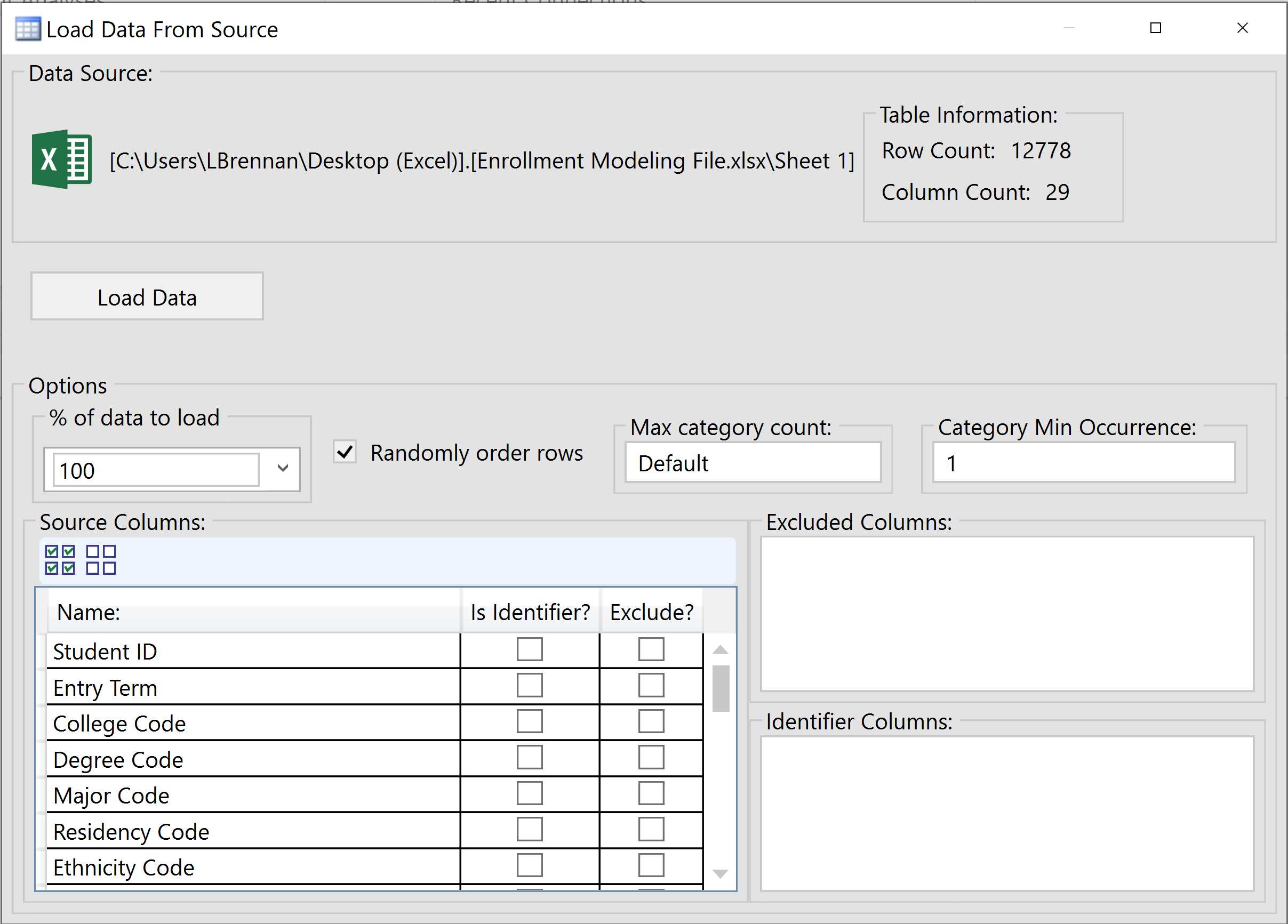 Load data from Source window