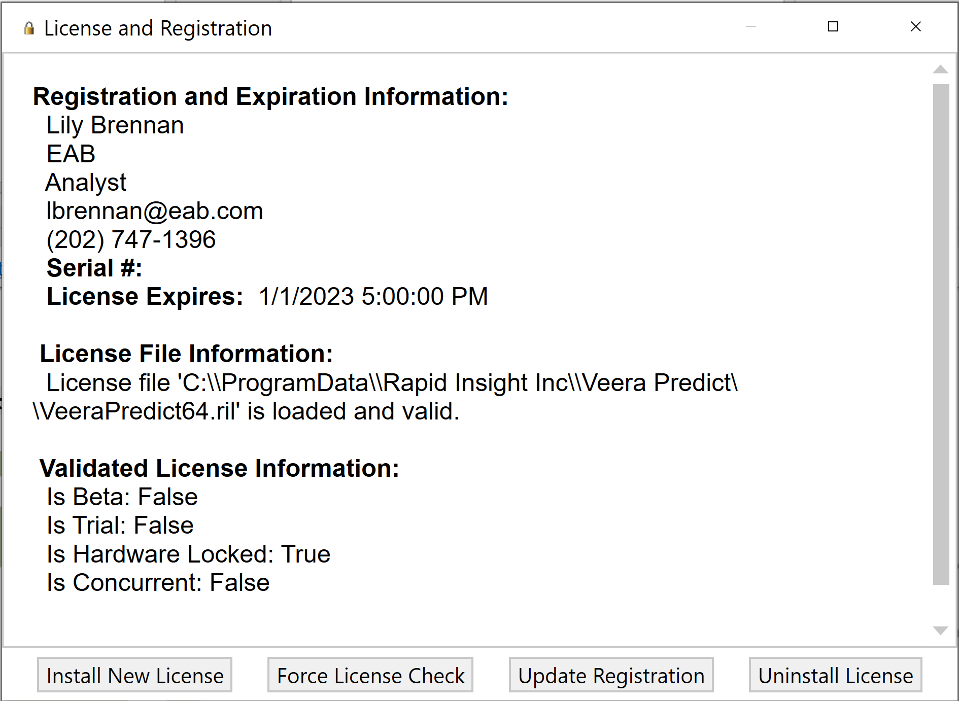 License and Register window