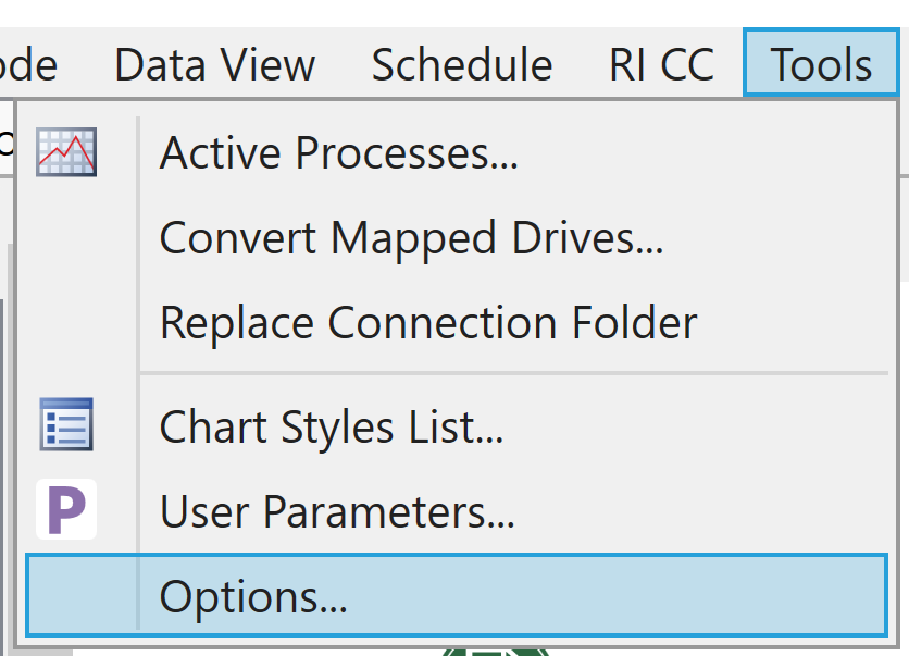 Tools > Options menu to configure reporting credentials